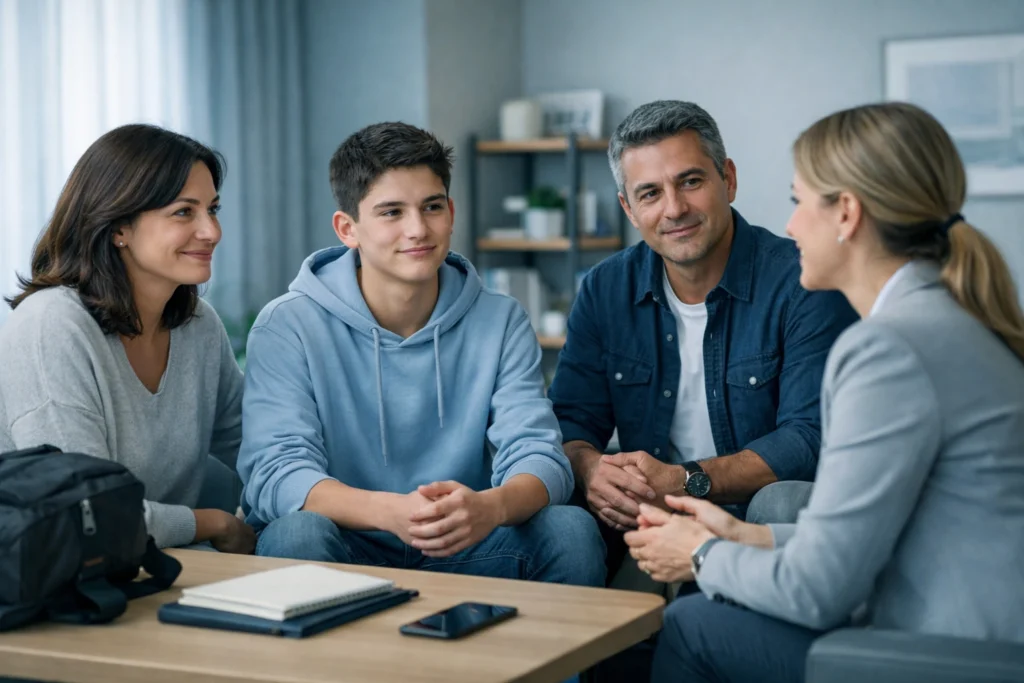 Adolescente acompañado por sus padres en una sesión psicológica orientada a la detección y prevención de adicciones.