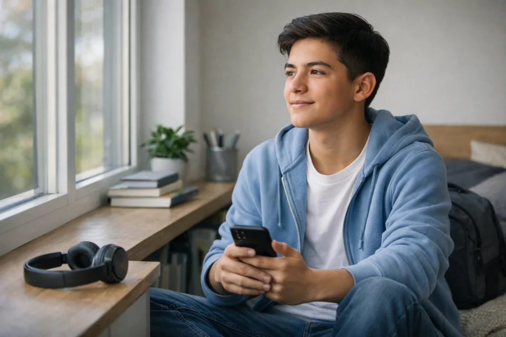 Adolescente sentado junto a una ventana en un dormitorio ordenado, sosteniendo un smartphone con expresión tranquila y reflexiva, en un ambiente que transmite calma y manejo saludable de la ansiedad.
