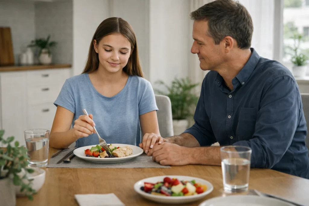 Adolescente iniciando proceso de alimentación saludable con apoyo emocional de su padre en un entorno familiar tranquilo