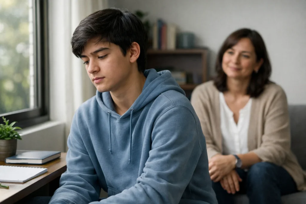 Adolescente en casa con expresión serena y pensativa mientras uno de sus padres le brinda apoyo emocional cercano y respetuoso.