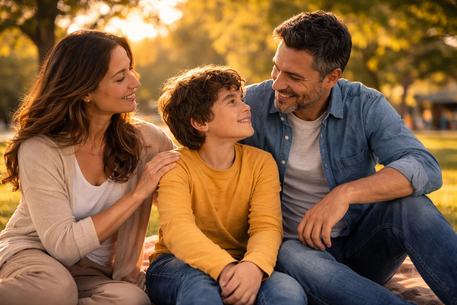 Madre, padre e hijo compartiendo un momento tranquilo en un parque después del divorcio, mostrando una relación de coparentalidad respetuosa y enfocada en el bienestar del niño.