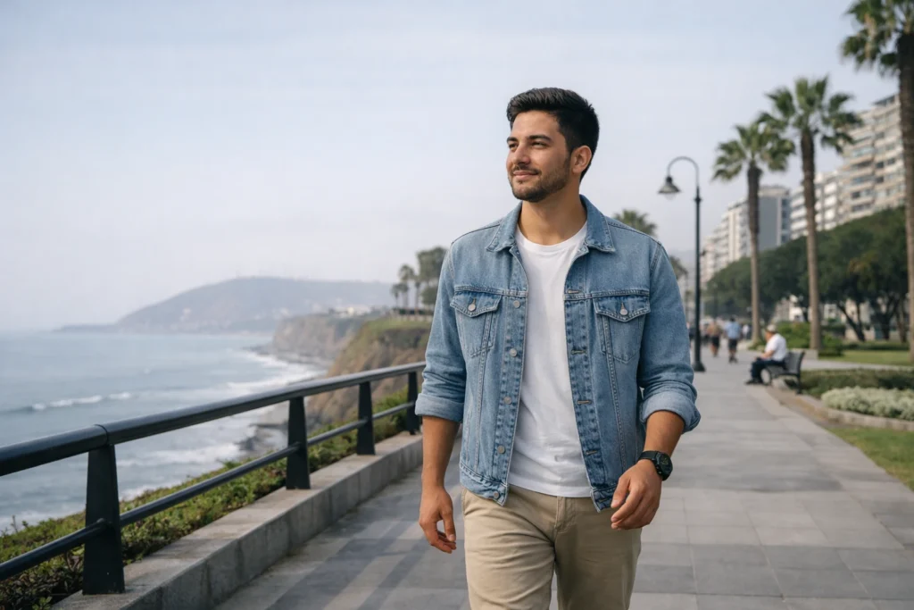Adulto joven caminando con expresión tranquila por el malecón de Miraflores en Lima, en una escena que transmite equilibrio, claridad personal y desarrollo personal.