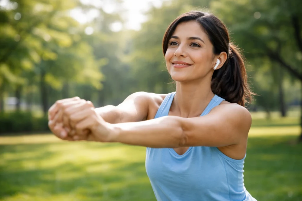 mujer haciendo ejercicio al aire libre en parque con expresion tranquila y control del estres