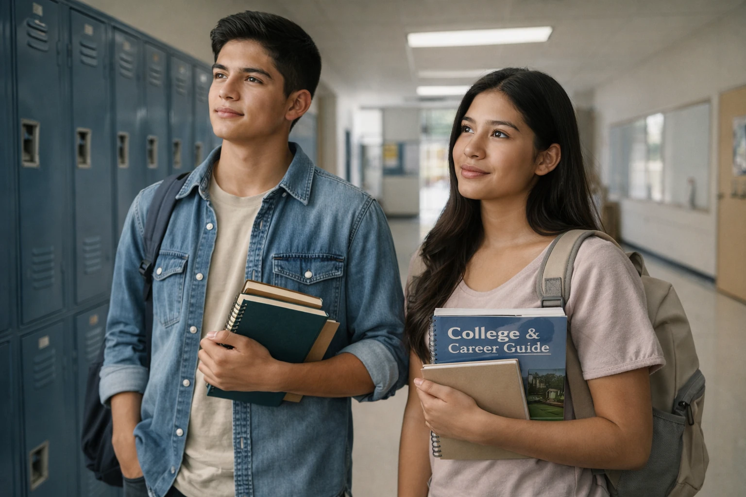 Estudiantes adolescentes latinoamericanos en un colegio reflexionan sobre su futuro universitario con expresión tranquila y optimista