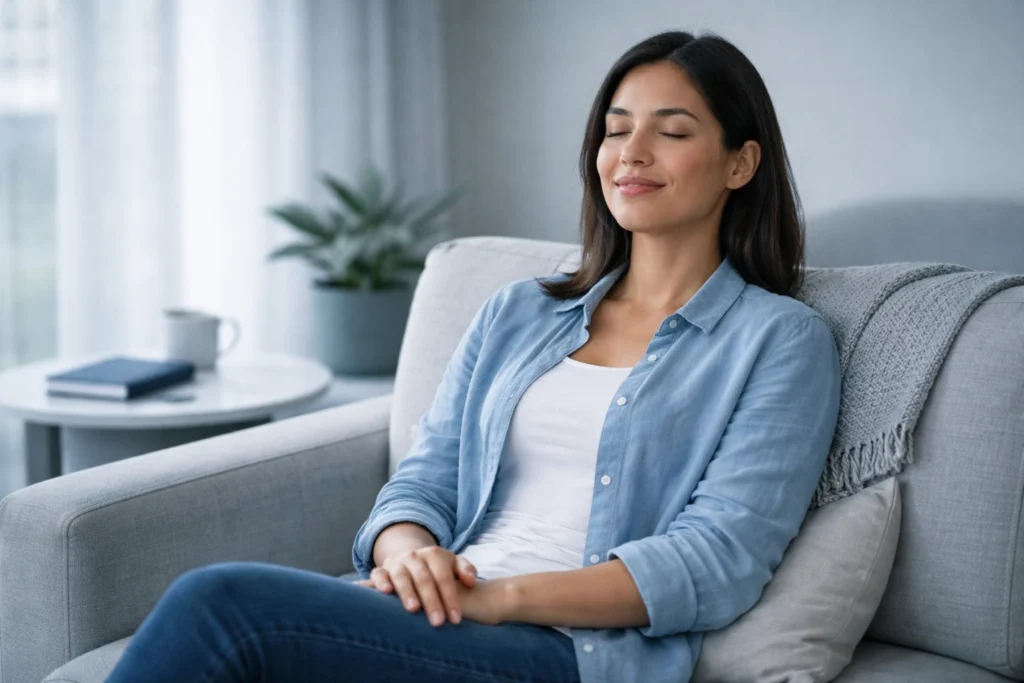 Mujer adulta respirando con calma en un sillón para regular una crisis de ataques de pánico.