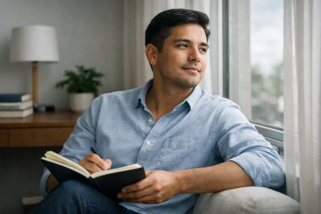 Persona adulta joven en un ambiente sereno junto a una ventana, reflexionando con calma y claridad mental en un proceso de cambio positivo