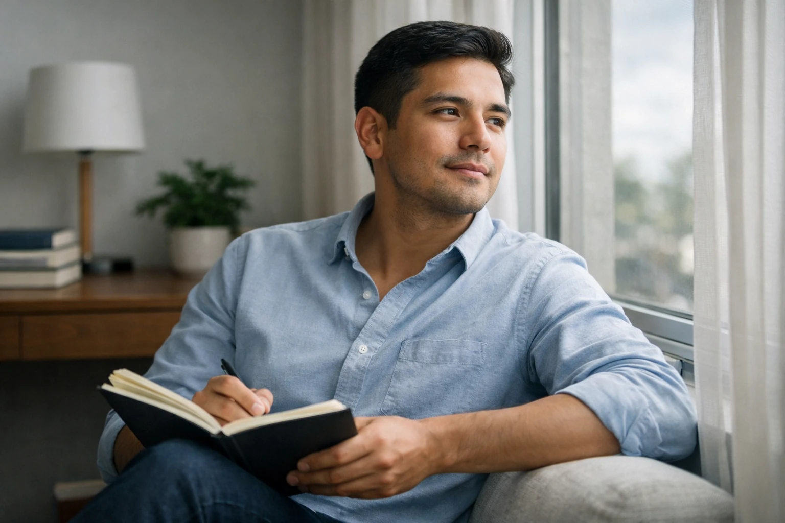 Persona adulta joven en un ambiente sereno junto a una ventana, reflexionando con calma y claridad mental en un proceso de cambio positivo