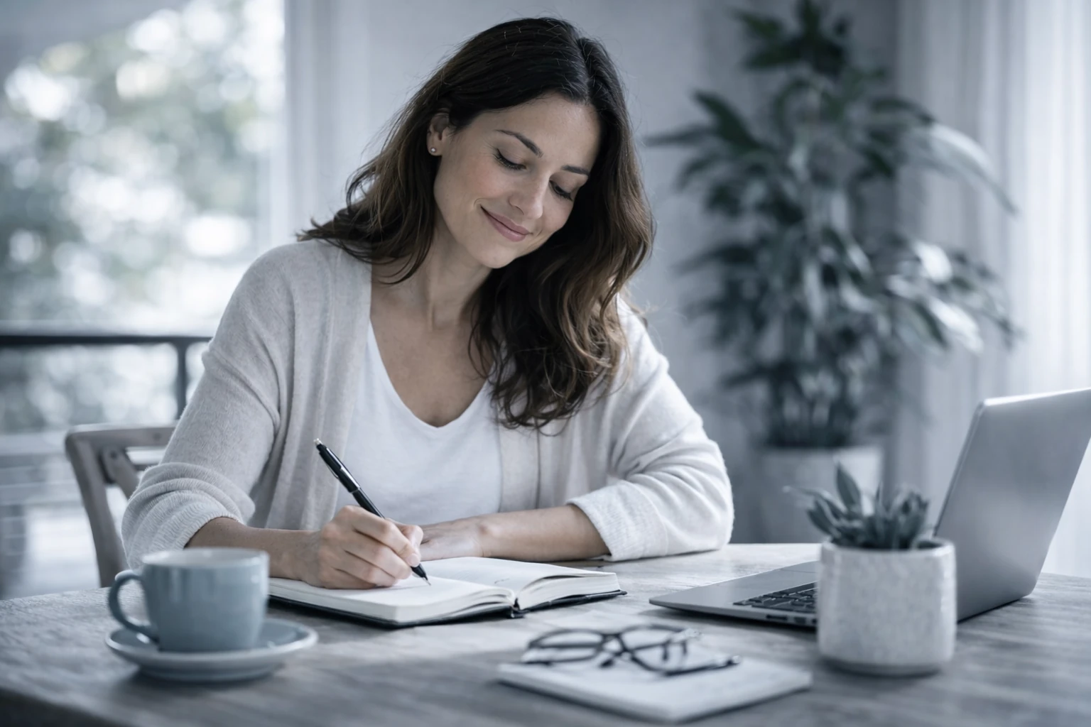 Mujer adulta escribiendo en un cuaderno mientras reconstruye su proyecto de vida después de una separación en un espacio luminoso y tranquilo.