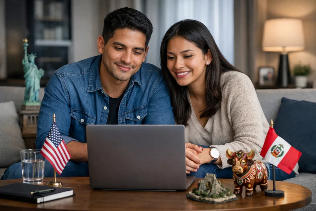 Pareja peruana en Estados Unidos durante una sesión de terapia psicológica online desde casa, mirando una laptop con expresión tranquila y esperanzadora