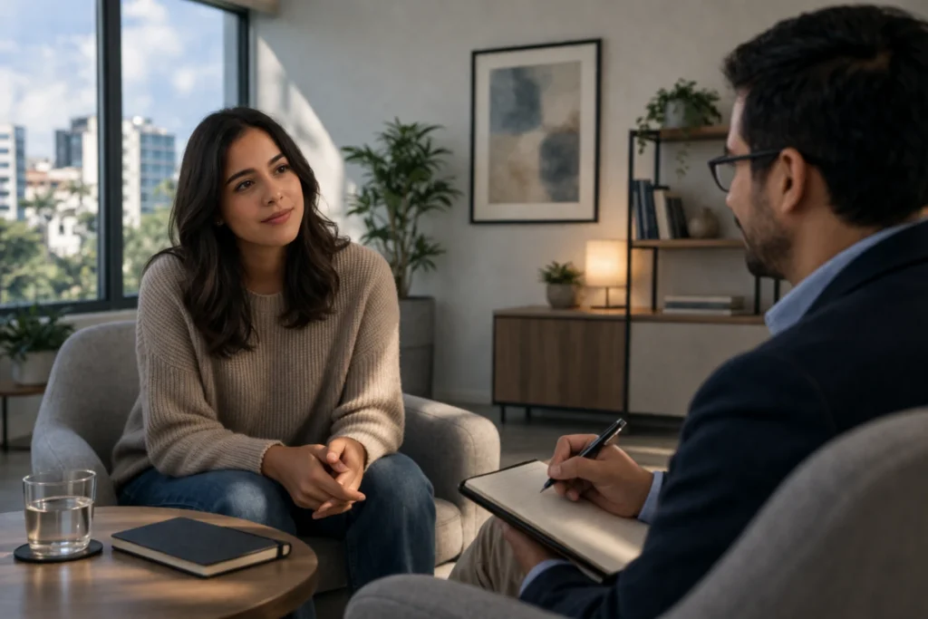 Persona adulta joven en sesión de terapia psicológica por mitomanía con profesional en consultorio moderno y luminoso