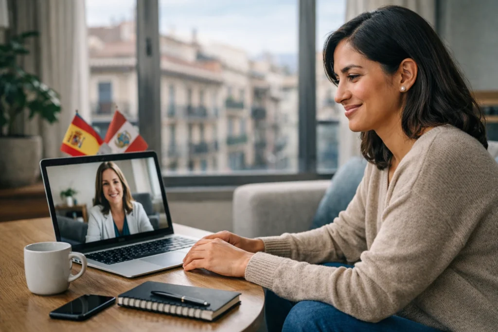 Mujer peruana en España durante una sesión de terapia psicológica online con laptop y banderas sutiles de Perú y España en un ambiente sereno