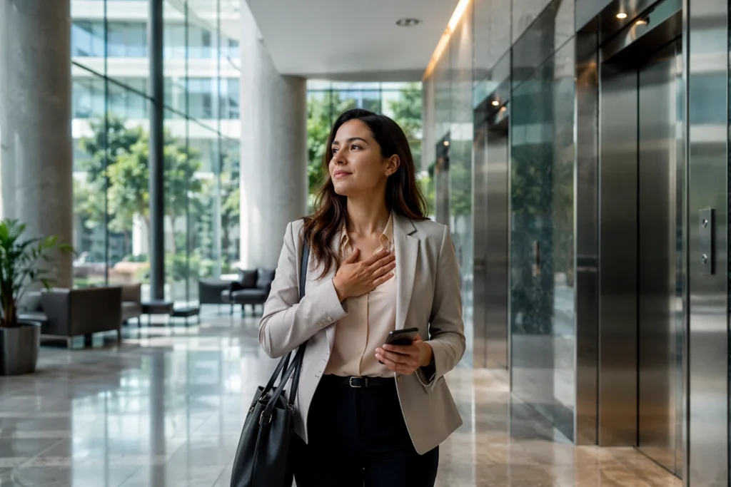Mujer en pausa durante su rutina laboral representando los síntomas de un ataque de pánico y la búsqueda de tratamiento psicológico
