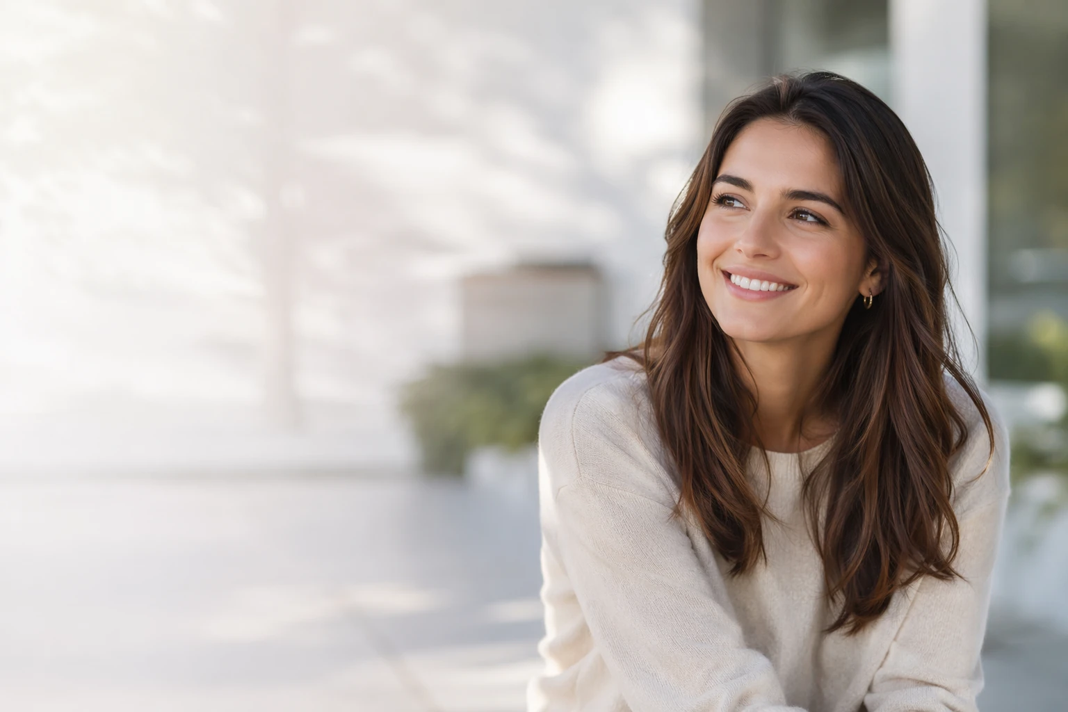 Mujer sonriendo con expresión tranquila en centro psicológico en Lima