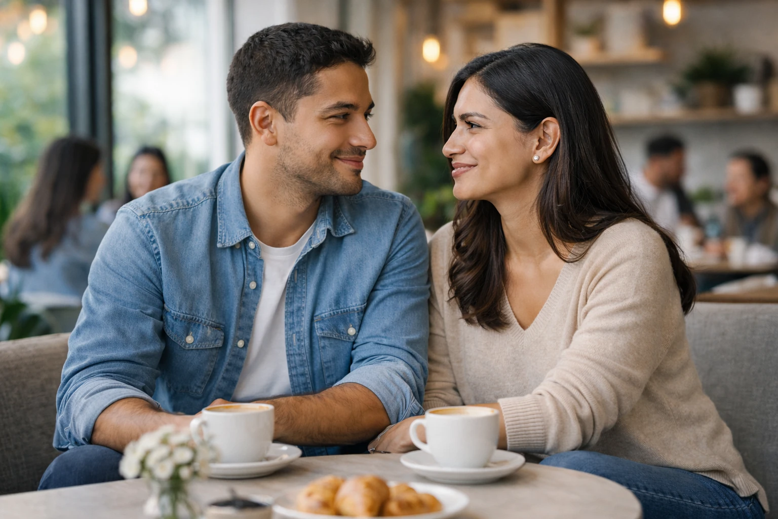 Pareja conversando en una cafetería con escucha y comunicación asertiva para fortalecer la relación