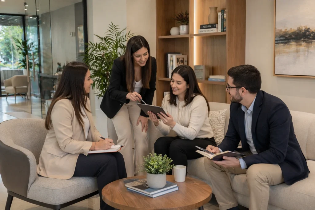 Equipo de psicólogos en Lima de Cognittiva reunido en centro psicológico elegante con enfoque profesional, experiencia y trabajo coordinado