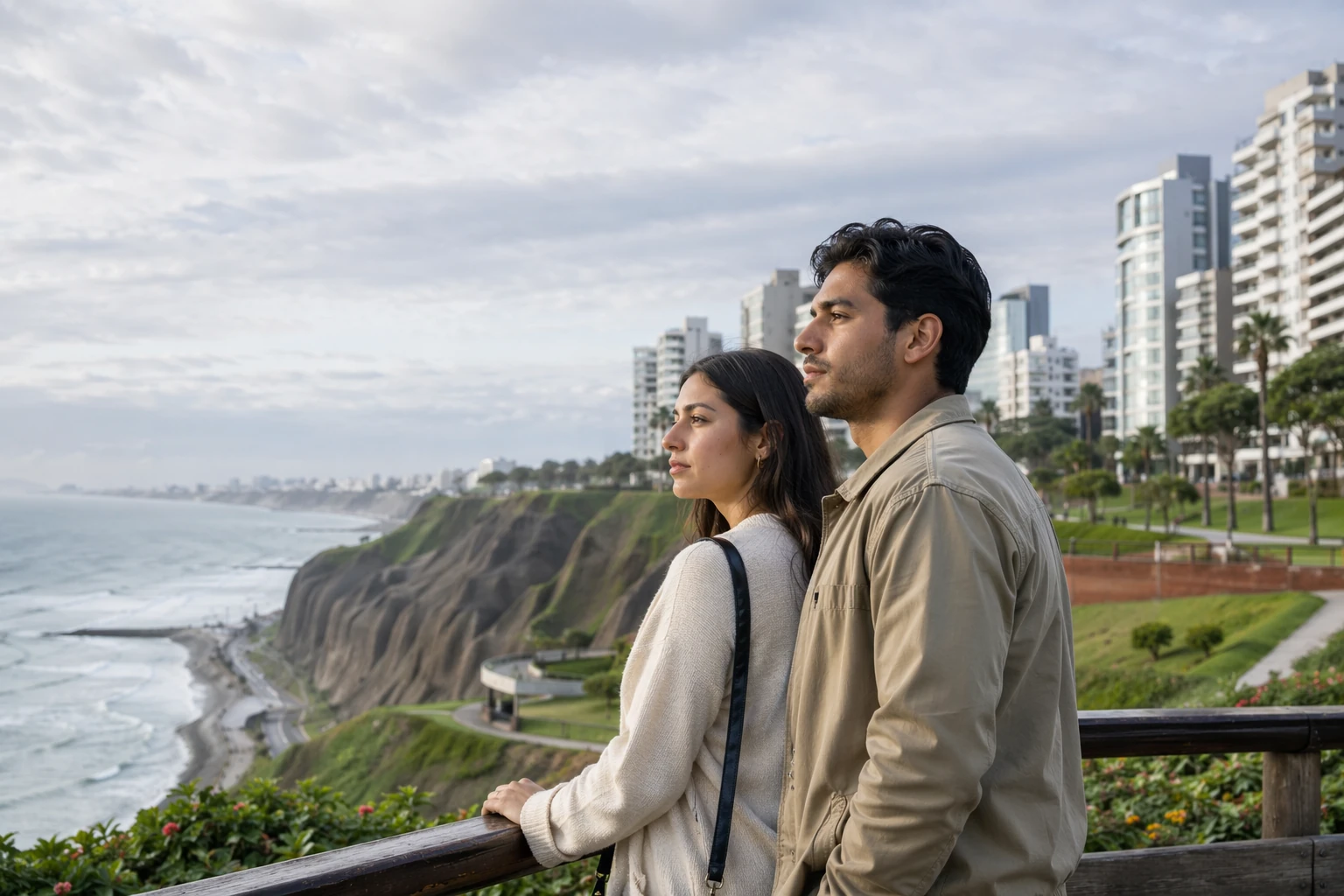 Pareja en Miraflores reflexionando sobre la infidelidad femenina y la reconstrucción de su relación.