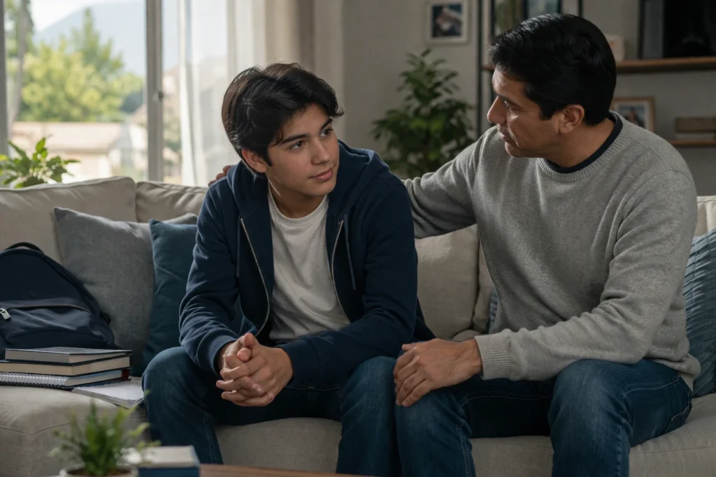 Adolescente con apoyo familiar ante problemas psicológicos en la adolescencia y cambios emocionales