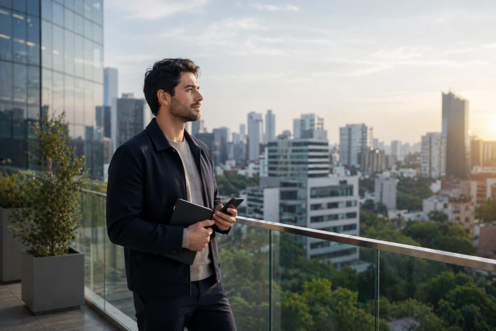 Hombre joven en terraza corporativa de Lima reflexionando sobre cómo la depresión puede afectar la vida diaria