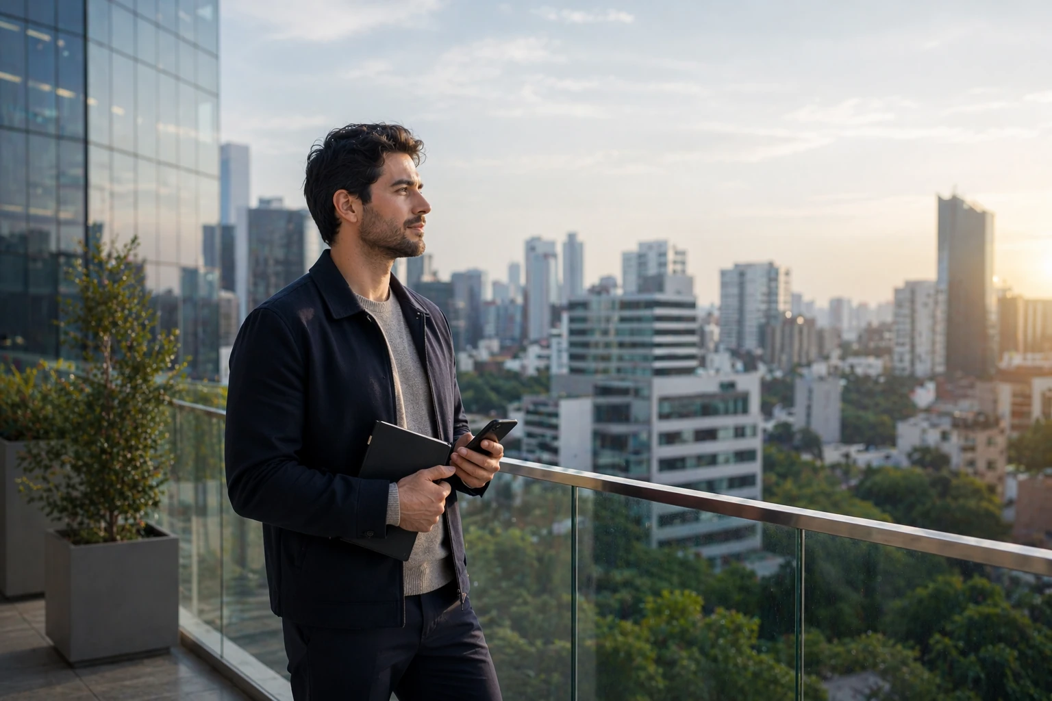 Hombre joven en terraza corporativa de Lima reflexionando sobre cómo la depresión puede afectar la vida diaria