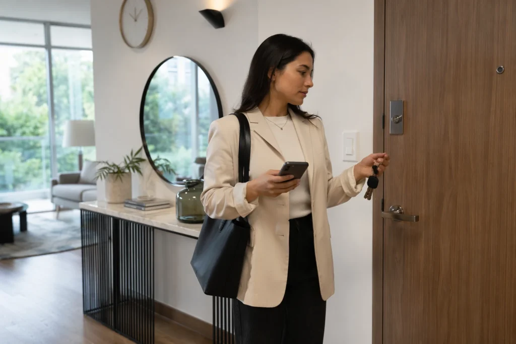 Mujer revisando la cerradura antes de salir de casa, escena asociada al trastorno obsesivo compulsivo (TOC) y a la compulsión de comprobación