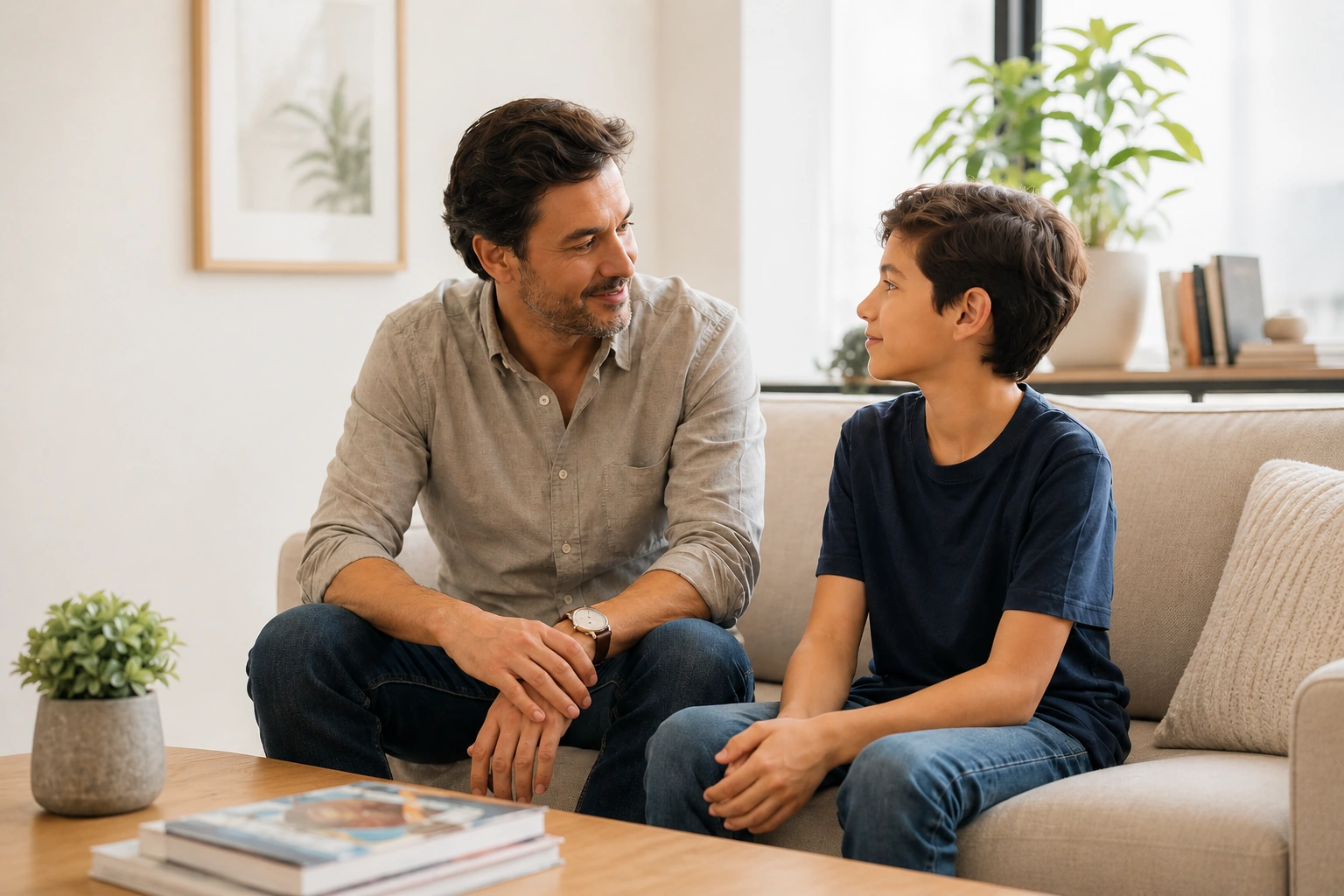 Padre conversando con su hijo en un ambiente tranquilo sobre señales de bullying escolar y apoyo emocional familiar.
