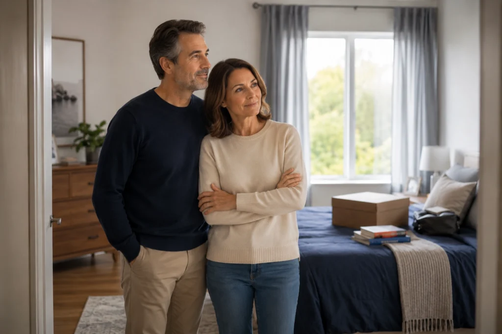Pareja adulta afrontando con serenidad el síndrome del nido vacío en una habitación familiar