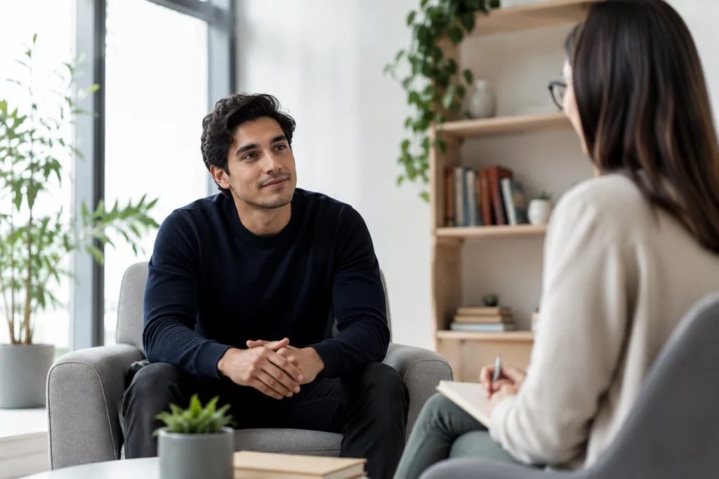 Persona adulta conversa con una terapeuta en un consultorio psicológico moderno durante una sesión sobre ansiedad, TOC y miedo a perder el control.