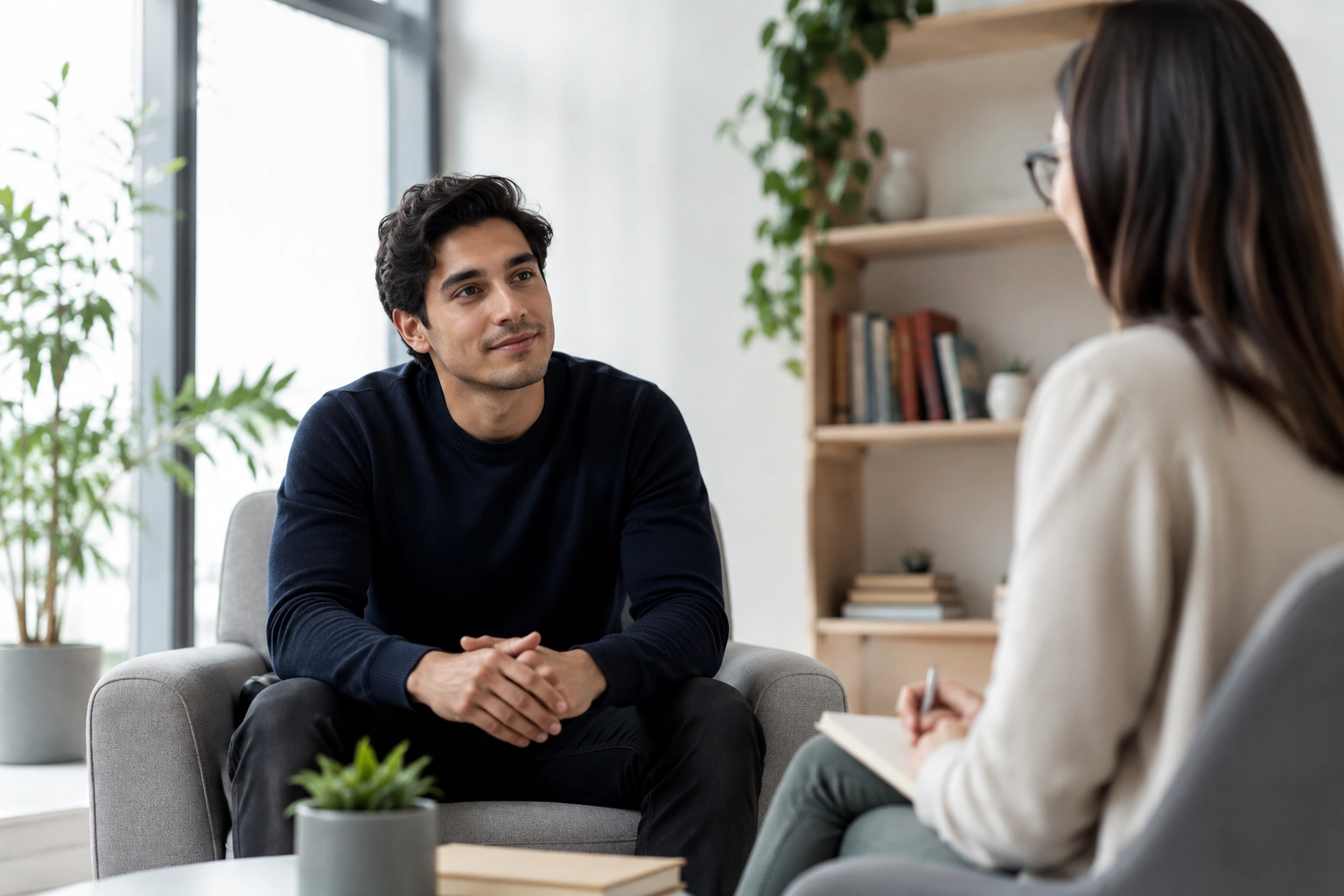 Persona adulta conversa con una terapeuta en un consultorio psicológico moderno durante una sesión sobre ansiedad, TOC y miedo a perder el control.