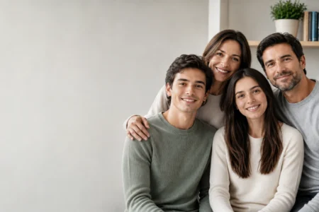 Familia con padres e hijos que representa uni&oacute;n y comunicaci&oacute;n en terapia familiar en Lima, Per&uacute;.