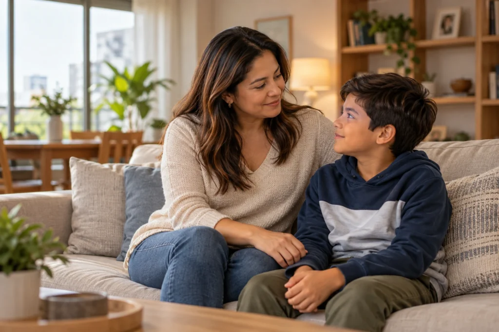 Madre conversa con su hijo con calma sobre crianza, autocontrol y padres que gritan.