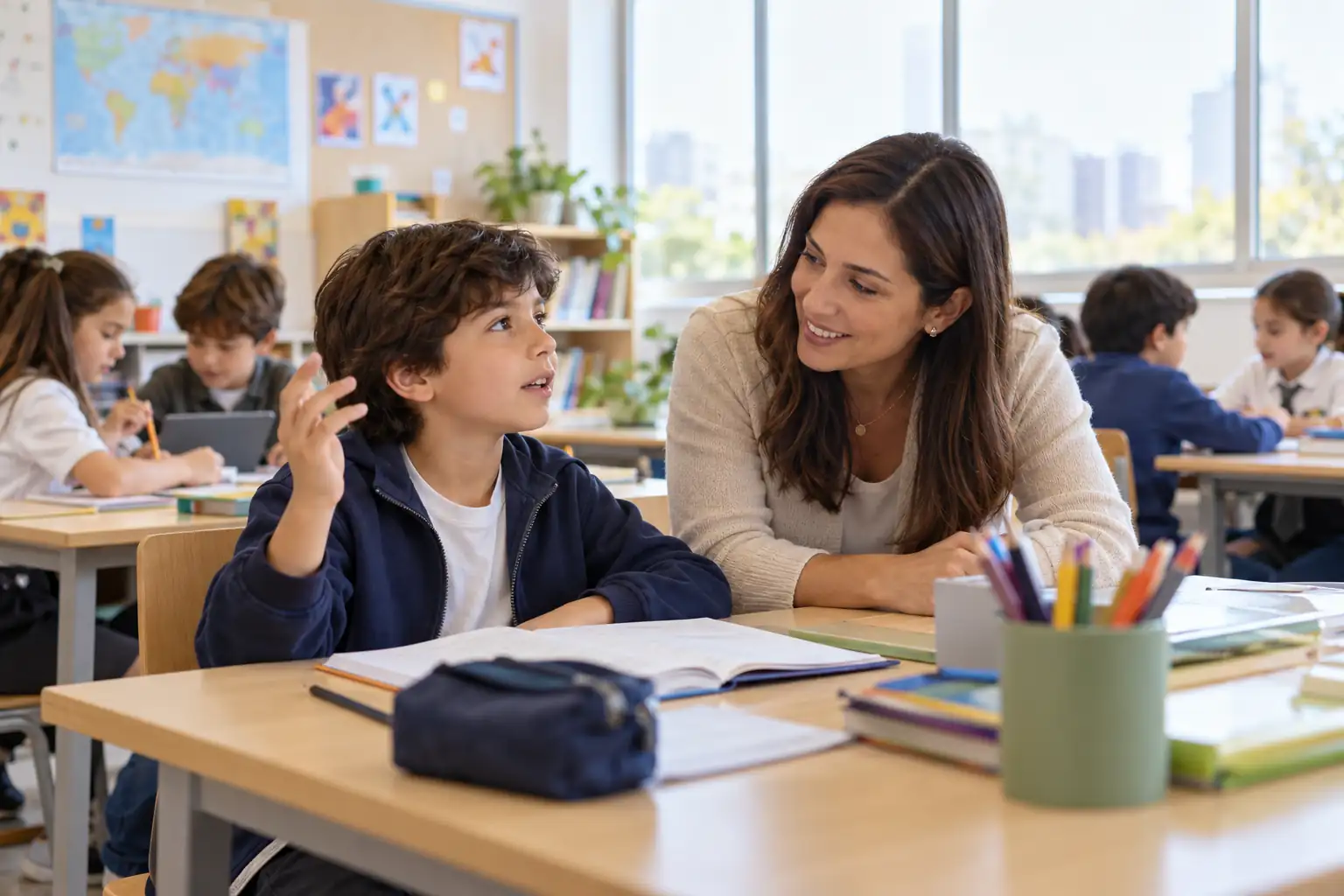 Niño participa en clase con orientación de su profesora, una escena sobre problemas de conducta infantil en el aula.