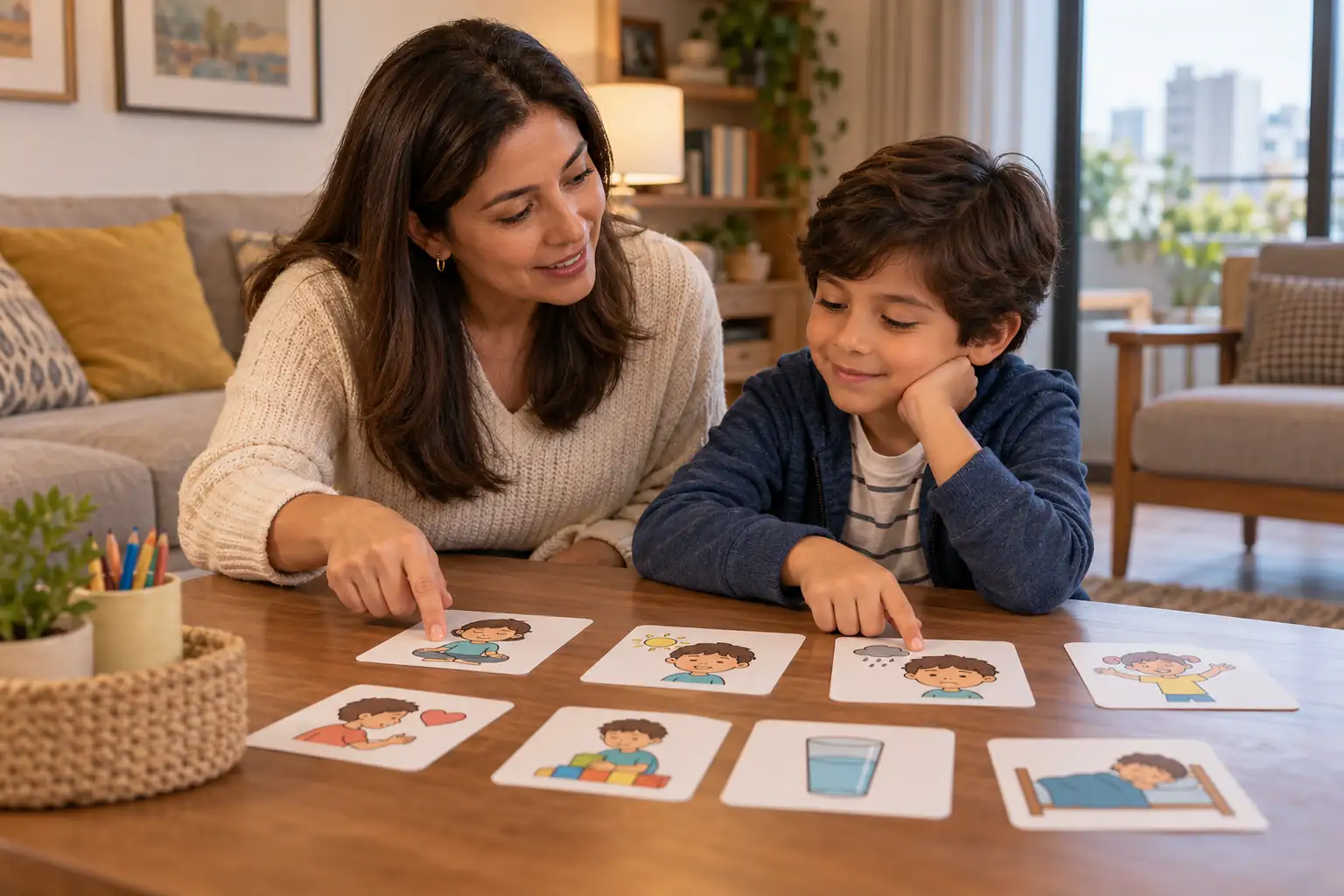 Madre practica regulación emocional con su hijo mediante tarjetas para abordar problemas de conducta infantil.
