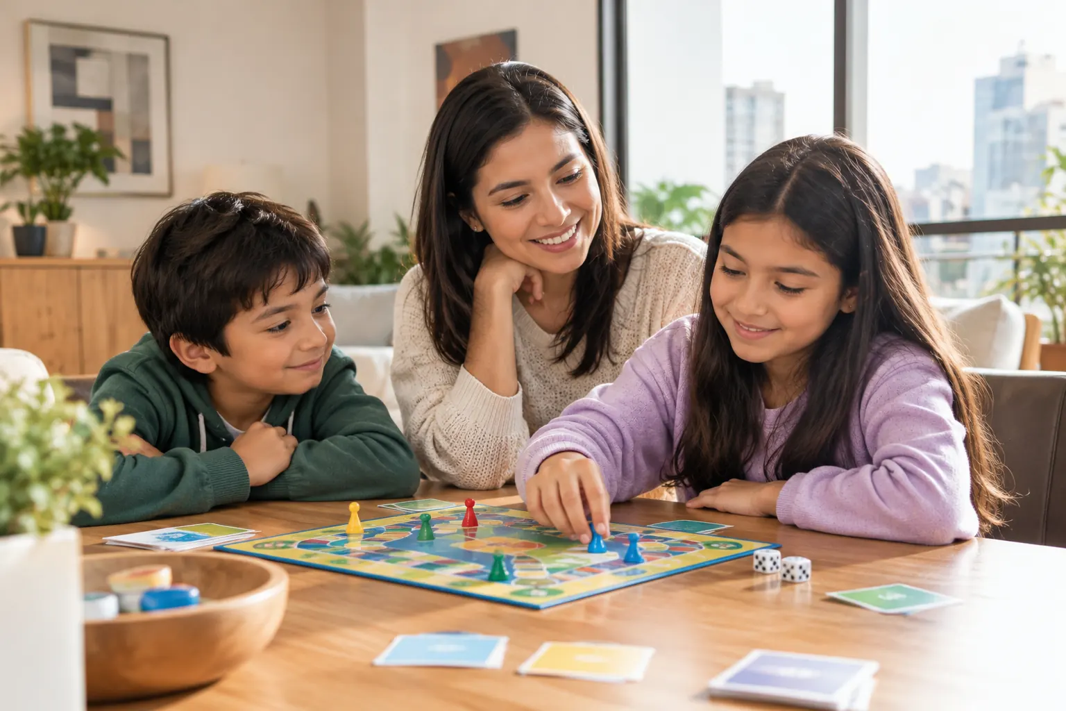 Madre juega con sus hijos un juego de mesa para practicar la paciencia y tolerar la frustración.