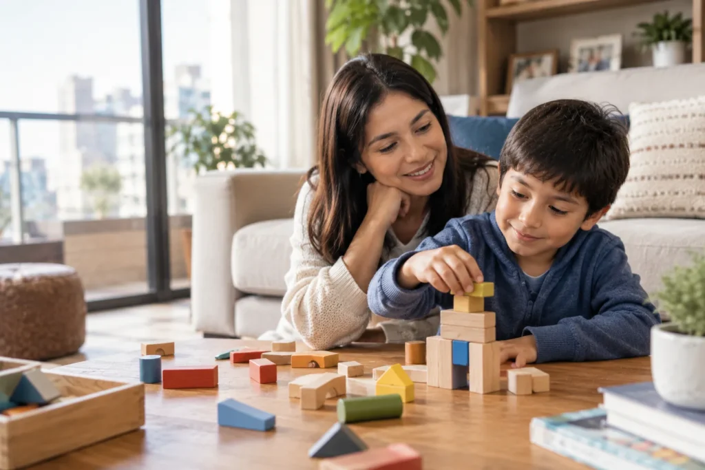Madre acompaña a su hijo mientras construye una torre de bloques y aprende a tolerar la frustración.